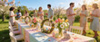 © Ahmed - Panoramic view of a festive spring garden party featuring a long table decorated with Easter eggs, bunnies, and tulips, with people socializing and drinking in a sunny, blossoming orchard.