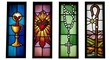 © SAFIICLON - Religious stained glass panels depicting chalice, Sacred Heart, rosary, and shepherd's crook against colorful backgrounds