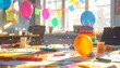 © REGINA - A classroom table set for a celebration with colorful balloons, a cake, and confetti on a sunny day with a shallow depth of field.
