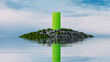 © Marcos Osorio/Stocksy - Surreal landscape features green structure on tranquil island setting