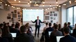 © CuteBee - A professional speaker stands confidently on stage, gesturing animatedly while delivering a presentation to a seated audience in a modern conference room.