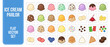 © Anas - Flat Vector Icon Set of 30 Ice Cream Parlor Flavors and Toppings; Colorful Scoops of Vanilla, Chocolate, Strawberry, Mint, and Toppings like Sprinkles, Gummy Bears, Fresh Fruit, and Sweet Candy.