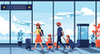 © Inkspirehub - Family of four with suitcases walking through an airport terminal with large windows showing airplanes on the runway outside in the sun.