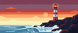 © SumiyaAkter - Flat vector illustration of a scenic lighthouse on rocky cliffs at sunset with crashing waves. Minimalist coastal landscape featuring a red and white beacon, ocean surf, and a vibrant evening sky.