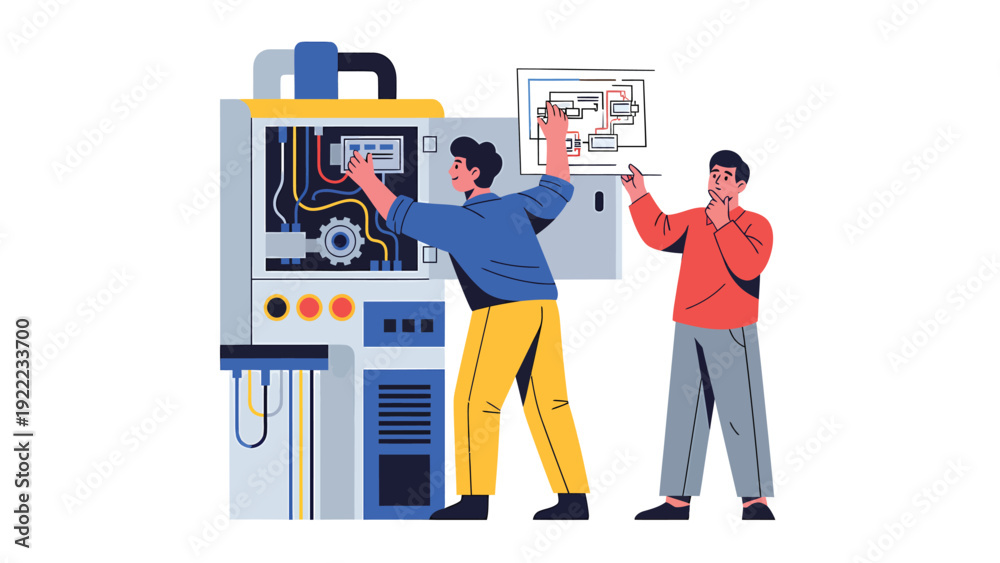 Technical engineers working on industrial machine control panel with a ...