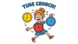 © prutul - Time Crunch Stress: Cartoon Woman Overwhelmed by Deadlines, Running with Clocks