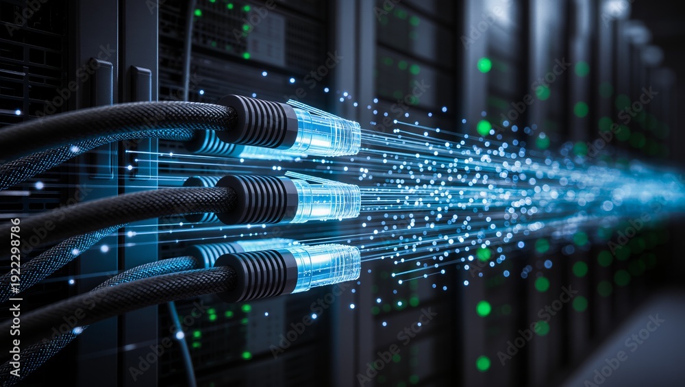 Ilustración de Stock Close-up of data cables in server rack with ...