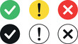 © MdSoleman - Set of flat status icons including green checkmark yellow exclamation point and red cross mark in circular frames for web and app interface vector illustration