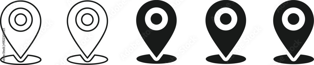 Set of location map pin icons in outline and solid black styles ...