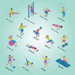 © enggartiasto - Isometric flowchart with people training using various fitness equipment 3d sportswear coach barbell dumbbell caucasian  practice