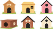 © Aminul - Flat vector illustration set of wooden dog houses including various pet shelters with bone signs paw prints and pitched roofs for outdoor animal home.