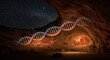 © Manzar - A stunning digital artwork of a DNA double helix structure floating in a cave with ancient rock paintings under a starry night sky.
