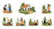 © Fahad - Collection of flat illustrations showing diverse people engaged in gardening activities around a cozy country house.