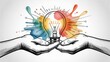 © シャキルスタジオ - Artistic illustration of human hands cradling a shining light bulb with vibrant paint splashes and radiant lines on a neutral background