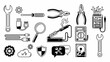 © Hafiz - Technical repair and hardware maintenance icon set. Vector illustration of tools including soldering iron, multimeter, circuit board, pliers, and wrenches. Engineering and DIY concept.