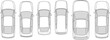 © MdSakila - Top view car outline icon set with six vehicles, detailed automotive blueprint style drawings, black line art with gray windows isolated on white.