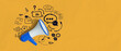 © ImageFlow - Megaphone with speech bubble icons and communication symbols on yellow background illustrating message sharing and creative communication concept.