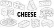 © HazelQueen - Cheese hand drawn sketch set. Vintage engraved dairy wedges and wheels. Black and white food illustration collection for menu, packaging and branding design.
