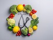 © huang - stethoscope surrounded by fresh fruits and vegetables on white background symbolizing health medicine nutrition balance healthy lifestyle medical care concept