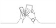 © Md - Hand holding a mobile phone in one line art style. Phone drawing with editable black stroke on white background. Vector illustration.