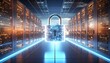 © Mdmahfuzur - A large digital padlock with a glowing blue keyhole in a futuristic server room with illuminated racks