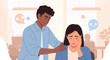 © DYA - Illustration of a man comforting a stressed woman in an office setting with a concerned expression.