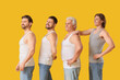 © Pixel-Shot - Group of men on yellow background. Body positive concept