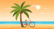 © aji - Bicycle resting against a palm tree on a sandy beach.