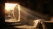 © Budi - Bright morning sunlight rays shining into empty stone tomb cave with folded linen clothes on slab for traditional christian happy easter resurrection holiday religious celebration background.