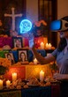 © Georgiy - Woman wearing virtual reality glasses interacting with a glowing skull hologram. Future of Day of the Dead celebration with digital technology and augmented reality.