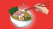 © wahyu - Cartoon ramen bowl with chopsticks reaching for noodles against red background