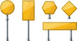 © MstSuborna - Blank yellow road sign boards in different shapes on metal poles traffic warning template realistic vector illustration set isolated.