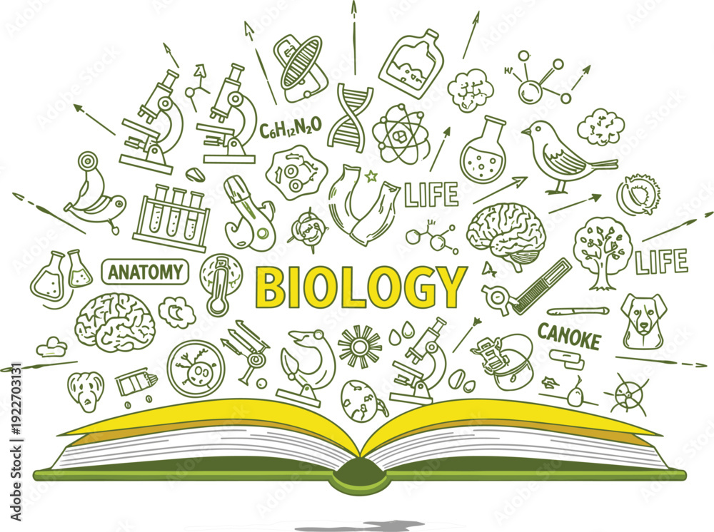 Open book with a creative explosion of biology icons including DNA ...
