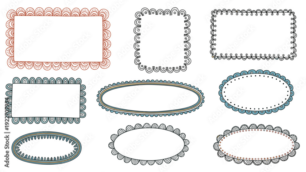 Set of nine decorative hand-drawn frames in rectangular and oval shapes ...
