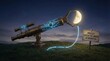 © El Zahra  - An antique telescope with glowing blue circuits and a glowing orb on a grassy hill with a warning sign at dusk