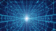 © SleepWorker - A futuristic network grid converges towards a radiant light source at the center, emitting a sense of technological advancement and global connectivity from a forward perspective.