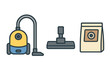 © typepng - This vector illustration shows a yellow canister vacuum cleaner with its hose, a wide floor nozzle attachment, and a paper dust bag on a solid black background.