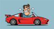 © Pawel - Cartoon man in suit driving red car with confused anger depicting road irritation in vector art for traffic and behavior themes
