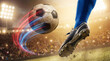 © Anusa - Soccer player in blue socks kicks ball with dynamic motion trails on stadium field, creating exciting and energetic atmosphere under bright stadium lights