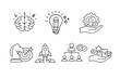 © Mark - Seven white minimalist line art icons on a black background depicting business themes such as brainstorming, creative ideas, technical support, goal setting, and team management.