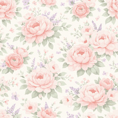  A seamless pattern of pastel peonies on a light background, a romantic spring watercolor design. Can be used as a pattern for tablecloths, pastel backgrounds, wallpaper, or fabric.