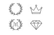 © Andrei - A collection of four minimalist black and white icons featuring a laurel wreath, a crown, a laurel wreath with the letter M inside, and a faceted diamond symbol on a black background.