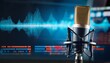 © Dzsesszika - professional vocal microphone with audio editing software background and copy space for podcast or radio broadcast banner