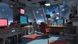 © SMILE - Galactic Workspace: A futuristic, stylized workspace with multiple computer screens and an awe-inspiring galactic view from a panoramic window.