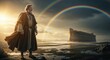 © Arra Vais - Noah Standing with a Rainbow Overlooking a Grand Ark for Religious Blogs, Educational Websites, History Articles, and Faith Awareness Content