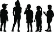 © Retu - Black silhouette children standing in row, diverse posture illustration, minimalistic kids artwork, creative child figures, educational design, playful youth concept