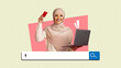 © Prostock-studio - A person is smiling while holding a red credit card in one hand. They are using a laptop with a cheerful background. The scene shows excitement about online activity.