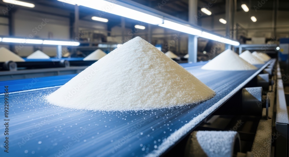 Pile of white granulated sugar moving along a conveyor belt in a modern ...