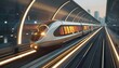 © V Art - Futuristic high-speed train traveling through modern urban landscape with dynamic lighting effects