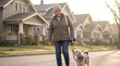 © Anastasiya - Senior woman walks dog in suburb. Happy dog walk with senior owner on quiet street, dog leash in hand for worldanimalday campaign, seniors wellness, autumn neighborhood lifestyle today